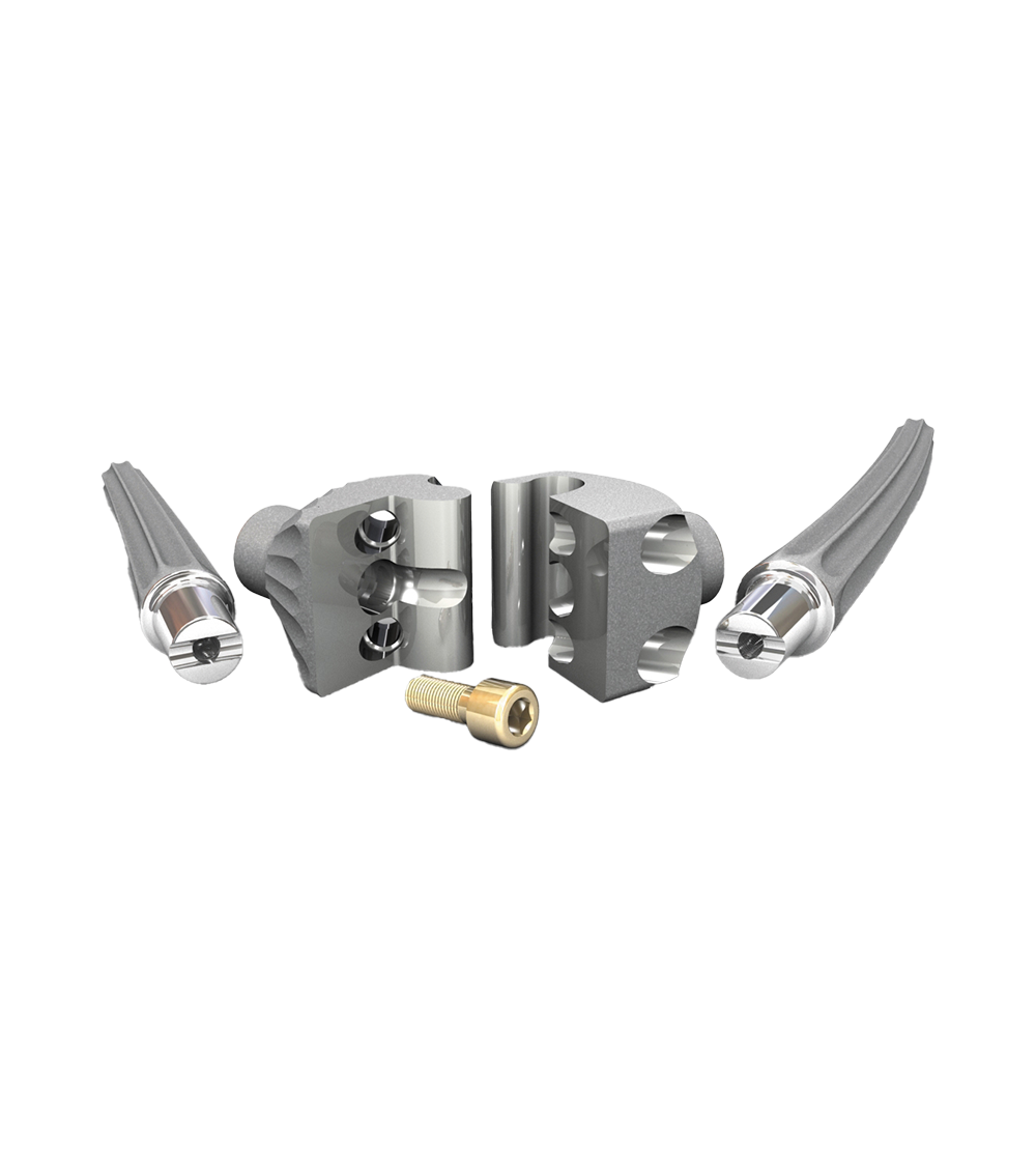 zwei auf der Seite liegende KAM-Titan Arthrodesenmodule mit jeweils einem Schaft, an dem man die symmetrische Anordnung der Längsrippen zur Sicherung gegen Rotation sieht
