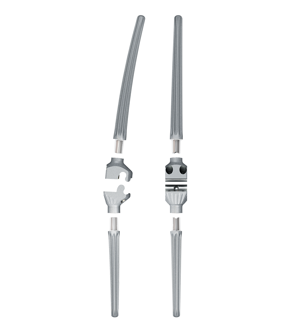 zwei KAM-Titan Arthrodesenmodelle, einmal Vorderansicht, einmal Seitenansicht der Arthrodesenmodule
