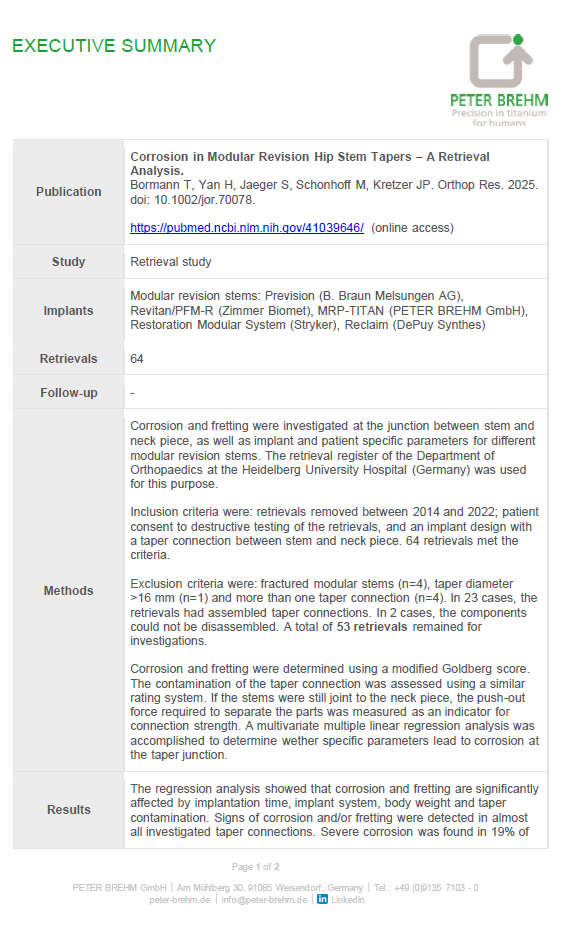 Executive Summary von T. Bormann zu dem Thema Corrosion in Modular Revision Hip Stem Tapers - a retrieval analysis.