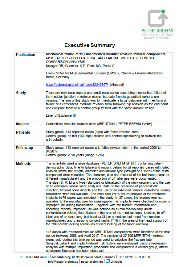 Executive Summary von D Krüger zu MRP-Titan mit dem Titel: Mechanical failure of 113 uncemented modular revision femoral components.