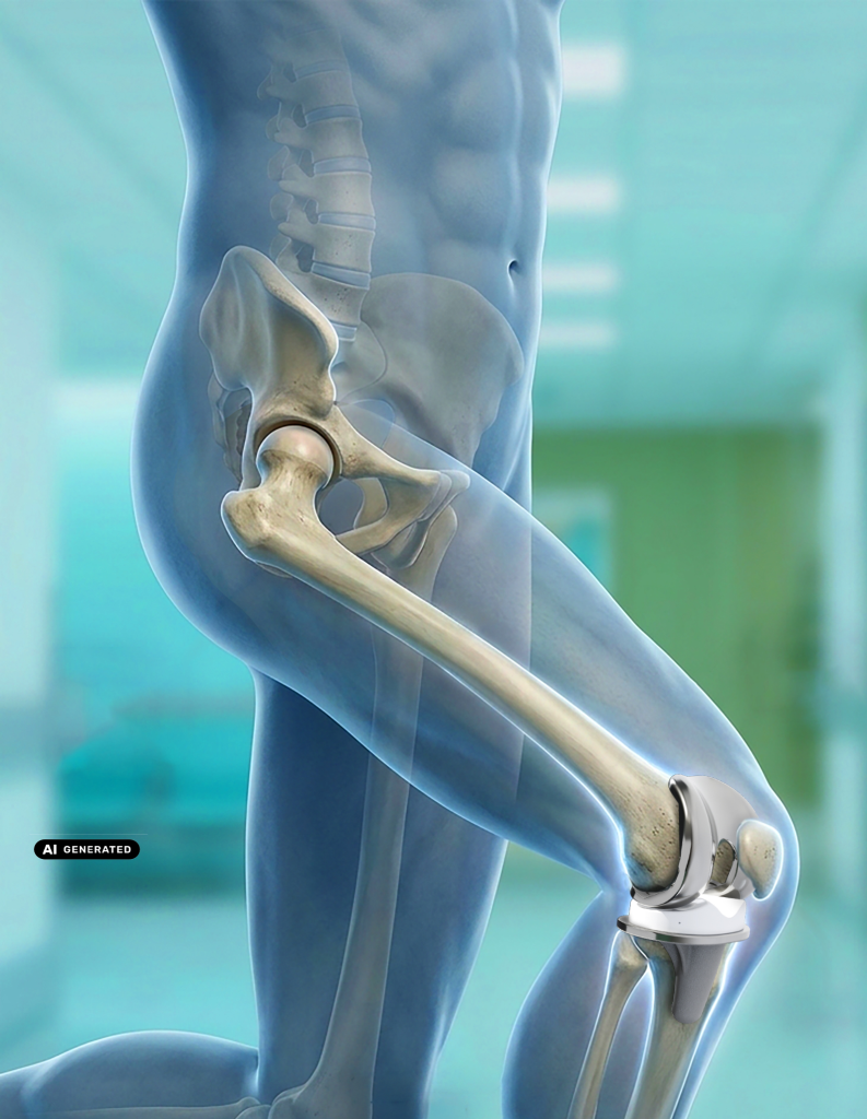 Patienteninformation Hüfte_Vorschau_mit KI Symbol KI-generiertes Bild: Femur und Tibia Abbildung im menschlichen Körper, mit Kniegelenksprothese