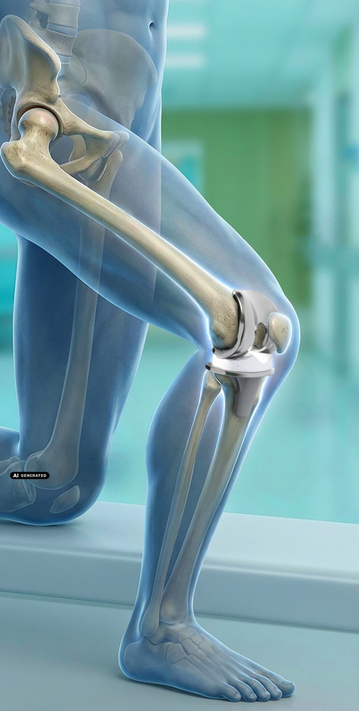 Patienteninformation Knie_Vorschau_mit KI Symbol KI-generiertes Bild: Femur und Tibia Abbildung im menschlichen Körper in knieender Position, mit Kniegelenksprothese